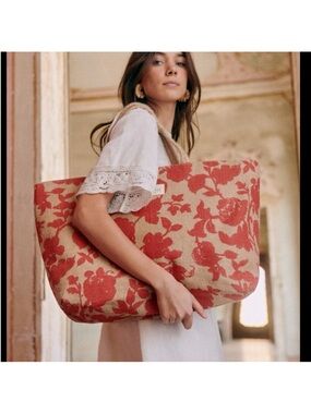 Extra large Sezane NWT lined Red Floral Jute Tote